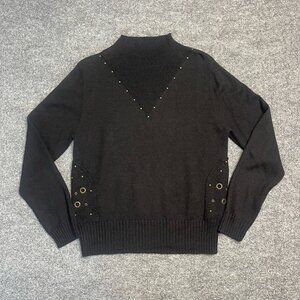 SEEN Womens Pullover Sweater Black Long Sleeve Mock Neck Tight Knit Beaded XL